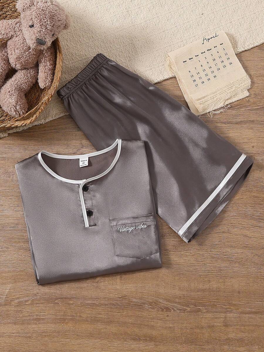2pcs Casual Comfortable Soft Solid Color Polo Collar Short Sleeve Top And Shorts Pajama Set For Teenage Boys - Dark Grey - View 1