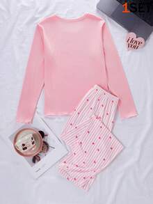 Genkimix Kids 1 Set Piyama Anak Perempuan, Atasan dari Kain Bergaris dengan Desain Hati Merah Muda yang Lucu, Lengan Panjang dengan Hem Berumbai, Bawahan dari Kain Lembut dengan Pola Garis Vertikal Merah Muda & Putih dengan Cetakan Hati Merah Muda, Lembut dan Nyaman, Cocok untuk Pakaian Dalam Musim Semi, Gugur dan Musim Dingin. Set Piyama Lucu - MultiWarna - View 2