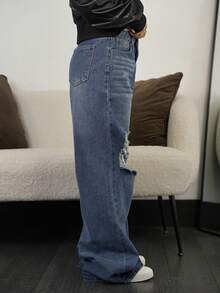 SAYEHFBABY Washed Denim Blue High Waist Ripped Wide Leg Jeans - Medium Wash - View 6