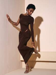 Zivah 2026春夏新款情人节、音乐节、复活节西部波西米亚风纳什维尔派对、婚礼、晚宴、约会、商务休闲单肩长袖褶皱领镂空连体衣+扭腰紧身裙两件套女装 - 咖啡棕 - 查看 7