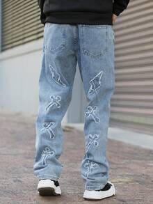 Devon Thys 男士做旧闪电与十字刺绣浅蓝色牛仔裤，Emo 风格 - 淺色水洗藍 - 查看 2