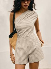 Poéselle Women's Striped Asymmetric Shoulder Pocket Cotton  Jumpsuit, Fashionable For Daily Wear  From Spring To Summer  Jumpsuit  Daily & Date Night Essential - Apricot - View 8