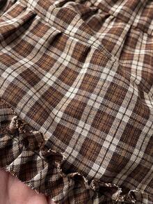 Attitoon Women's Plaid Pattern Ruffle Hem Elastic Waist Cute A-Line Skirt - Coffee Brown - View 4