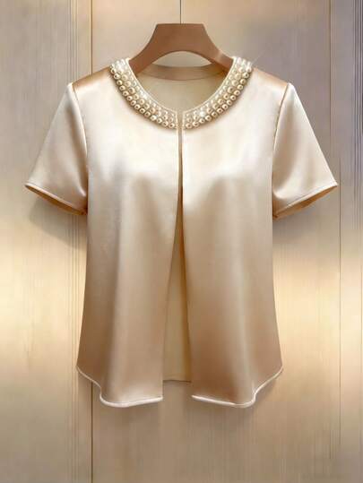 GlowEve Spring/Summer New Arrival Round Neck Pearl Decor Open Front Short Sleeve Elegant Women Thin Blazer