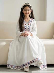 Sparklyn Girls White A Line Long Sleeve Dress Flared Long With Geometric Pattern V Neck Everyday Casual Polyester - White - View 8