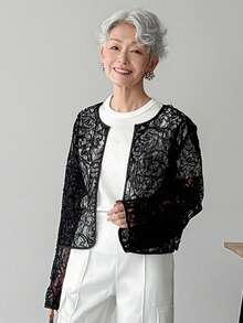 Women's Solid Color Sheer Lace Fabric Round Neck Long Flare Sleeve Loose Casual Blouse, Suitable For Spring And Summer - Black - View 3
