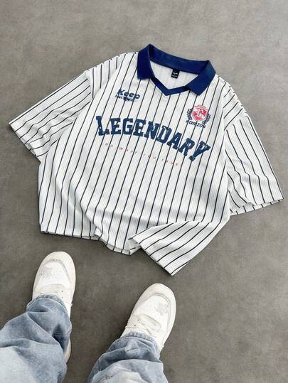 Manfinity Unisex 男士条纹字母印花休闲百搭短袖Polo衫