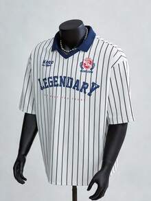 Manfinity Unisex Men's Striped & Letter Print Casual Versatile Short Sleeve Polo Shirt Baseball Shirt Baseball Style Collared Shirt - White - View 1