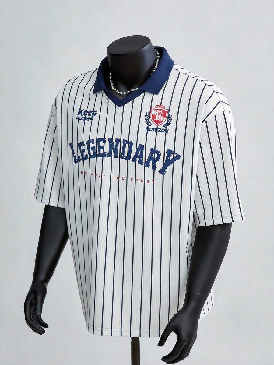 Manfinity Unisex Men's Striped & Letter Print Casual Versatile Short Sleeve Polo Shirt Baseball Shirt Baseball Style Collared Shirt - White - View 1