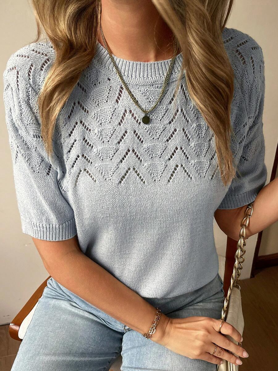 Vivie Lora Women's Hollow Out Loose Knit Sweater Top - Blue - View 1