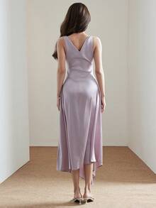 Heiryn Women's Elegant Summer Dusty Mauve Satin Cowl-Neck Asymmetric Midi Dress,Bias-Cut Party Evening & Wedding-Guest Dress,Solid Color Pleated Sleeveless - Pink - View 6