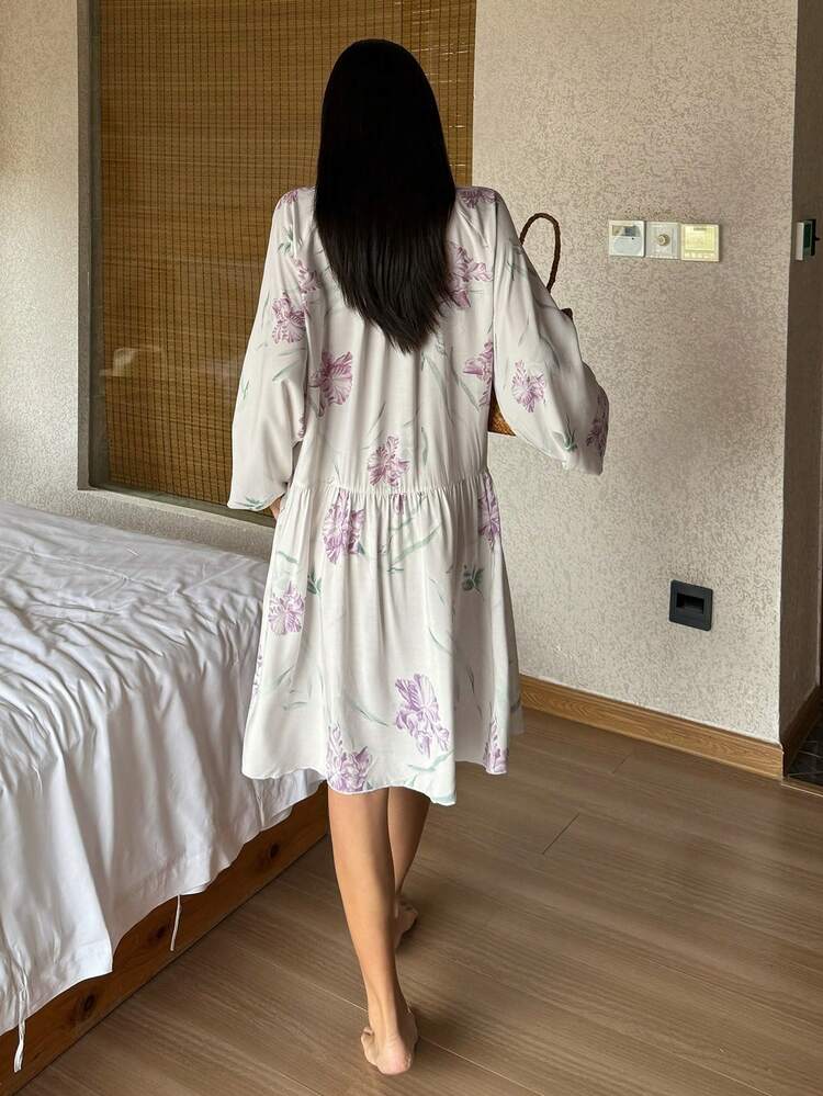 Floral Print Loose Lantern Sleeve Women's Nightgown