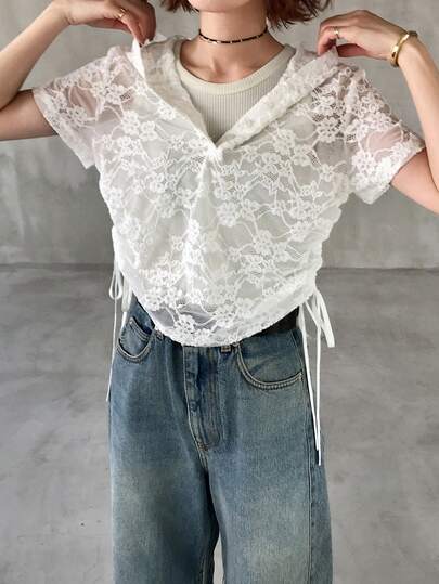 FRIFUL 女士连帽蕾丝装饰抽绳宽松衬衫