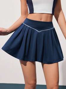CourtClass 女士撞色滚边松紧腰褶皱时尚高尔夫裙 - 藏蓝色 - 查看 3