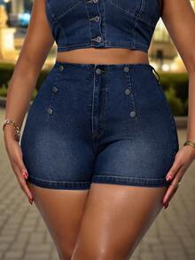 Slaydiva Shorts jeans plus size estilo cowgirl para mulheres, shorts curtos justos, sensuais e casuais para férias de verão. - Lavagem escura - Ver 6