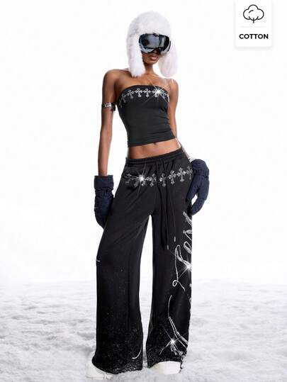 LYSMO 女士水钻交叉露脐抹胸上衣和抽绳腰阔腿裤时尚两件套