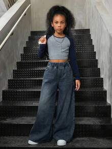 SHEIN Tween Girls' Elastic Waist Pockets Wide Leg Loose Casual Jeans - Dark Wash - View 5