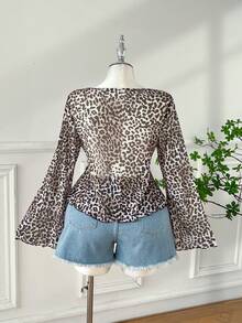 Comfortcana Áo nữ cỡ lớn in họa tiết da báo cổ điển tay phồng cổ vuông, thích hợp cho mùa Thu/Đông. - Nhiều màu - Xem 2