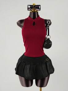 SaltGleam SaltGleam Chinese Style Cheongsam Inspired Hollow Out Ribbed Sleeveless Fitted Tank Top, Summer - Red - View 5