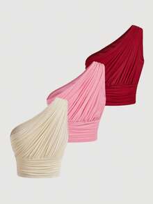 SHEIN MOD 3件套女士弹力修身荷叶边装饰短款上衣 - 彩色 - 查看 2