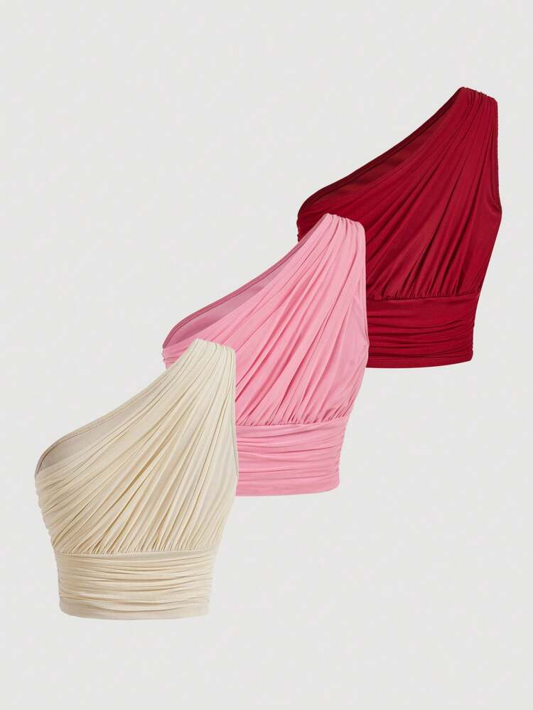 SHEIN MOD 3 chiếc áo croptop nữ ôm sát, có chun co giãn, trang trí bèo nhún. - Nhiều màu - Xem 2