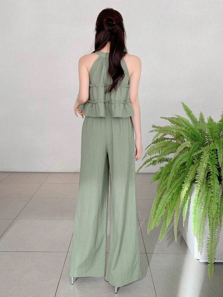 Women's Round Neck Ruffle Sleeveless Blouse And Elongated Pants 2 Pieces Set, Korean Style
