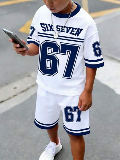 SHEIN Coolqubz Tween Boys Spring And Summer Casual Fashion Creative Personalized Refreshing Minimalist Stylish Numeric 67 Striped Blue & White Combination Letter Slogan Graphic Print Relaxed T-Shirt And Shorts Set, Comfortable Daily Wear, Cozy Summer And Fall Styles Suitable For Spring, Summer, Autumn Seasons For Boys