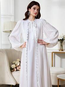 Al Najma Women's Long Sleeve Robe With Rhinestone Decor And Sleeveless Round Neck Dress Arabic Abaya Set - White - View 3