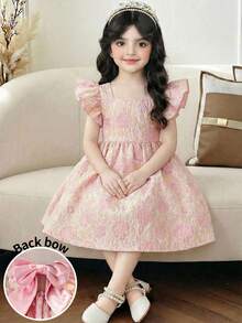 LMoss Kids Young Girl Solid Color Jacquard Bowknot Ruffle Hem Fitted Dress,Kids - Multicolor - View 2
