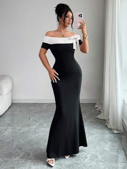 Rafferiza Women's Elegant Off-Shoulder Bow Decor Dress