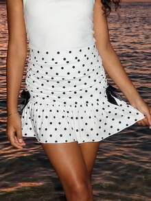 Sparklyn Tween Girls' Casual Polka Dot Contrast Color Bow Skirt Set With Leggings, Sweet & Cool Daily Wear Tween Bathing Suit With Skirt Bow Front Skort Teen Girl Skort Tween Girl Skirt Sets Polka Dot Skort - Multicolor - View 3