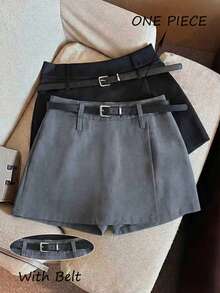 Franclia Korean Style, Versatile, Irregular High-Waisted, Slimming Suit Shorts/Skirt With Belt; Women's Shorts For Spring/Summer; Women's Mini Shorts; Summer Outfits; Elegant Women's Shorts. - Grey - View 4