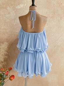 Soleia 女士度假风荷叶边露脐吊带上衣和迷你裙两件套 - 藍色 - 查看 2