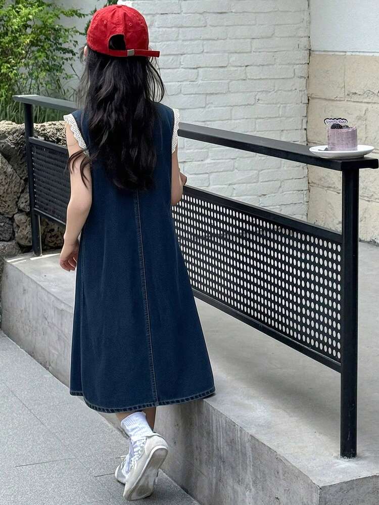 Tween Girl Round Neck Lace Patchwork Oblique Pocket Sleeveless Denim Dress