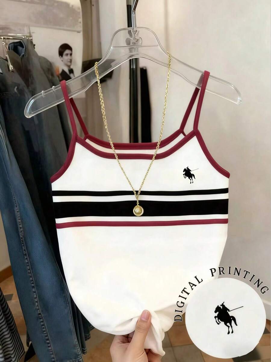 1 pieza Parte superior de camisola ajustada con estampado de rayas de contraste minimalista para niña preadolescente, adecuada para salidas y para usar en capas en todas las estaciones - Blanco - Ver 1