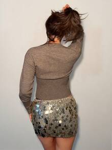 Ambs Edit Cardigan scurt, subțire, în față, cu mânecă lungă, cu mânecă lungă, simplu, casual, cu nasturi în față, pulover, pulover scurt pentru femei, pulovere pentru femei, pulovere din tricot, îmbrăcăminte pentru femei de iarnă, îmbrăcăminte pentru femei de toamnă, FW24 - Cămilă - Vizualizare 2