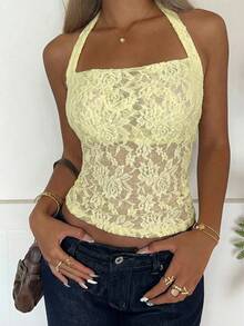 SHEIN CovetEZ New Arrival Sexy Lace Semi-Sheer Yellow Blouse For Women, Summer - Light Yellow - View 4