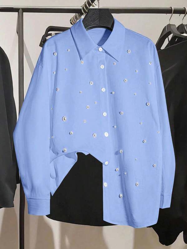 GlowEve CURVE Plus Size Women's Elegant Pearl Beaded Decor Contrast Color Blouse, Mature And Graceful Design With Button Closure, Suitable For School, Graduation, Valentine's Day, Music Festival, Mother's Day, Halloween, Thanksgiving, Easter, National Day, Prom, Date, Party, Wedding, Outdoor Activities Blue Shirts Modest Shirts Baby Blue Shirt Pearl Decorated Shirt Long Sleeve Shirt