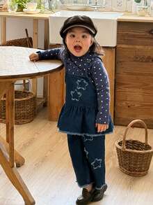 DAZY Toddler Girls' Denim Overalls With Star Applique 2 Pieces Set - Blue - View 6