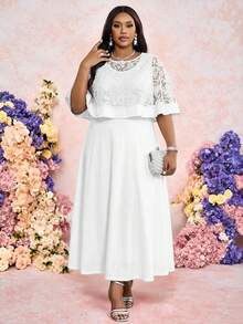 Fleurora 大码女士腰果蕾丝披肩上衣和无袖连衣裙优雅两件套 - 白色 - 查看 5