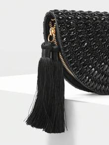 MOTF HANDMADE BEADED EVENING BAG, BLACK TASSEL CLUTCH, ELEGANT CHAIN SHOULDER CROSSBODY BAG - Black - View 6
