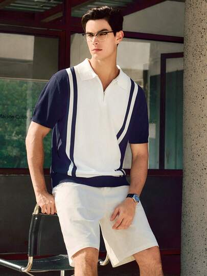 RONVEXI Men's Striped Short Sleeve Casual Zip-Up Knit Top Men Resort Wear Men Casual Sets Men Summer Outfits Europe Summer Outfits For Men Set