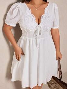 Elaquor Plus Size Women Contrast Lace Front Tie Short Puff Sleeve Fashionable Dress White Summer Dress Casual White Dress White Button Up Dress Spring Casual Vacation Outfit Women Spring Dress For Women Babydoll Dress Mini Dress, Summer Dresses - White - View 3