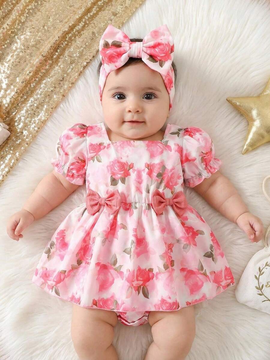 1 Piece Baby Girl Floral-Print Sweet-Style Short-Sleeve Ruffled Square-Neck Bodysuit Lightweight Breathable Bow-Accented Flowy One-Piece Outfit For Daily Wear & Cute Photo Sessions Spring & Summer Fashion Ensemble - Multicolor - View 1