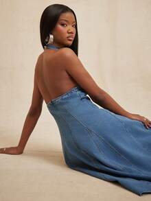 NYA SZN 女士露背收腰牛仔连衣裙，优雅适合约会和外出 - 中等水洗藍 - 查看 7