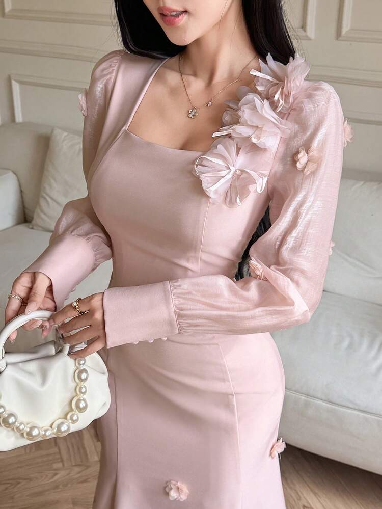 Women's Elegant Patchwork Square Collar Puff Sleeve Floral Long Dress, Spring/Summer Wedding Guest Dress Sundress