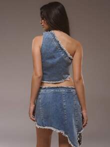 MUSERA Asymmetric Off-The-Shoulder Fringe Hem Denim Top Only Winter Cute Streetwear Going Out Casual Western Born Faded - Medium Wash - View 4