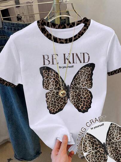 Resyla Leopard Bow Digital Print Casual Women Short Sleeve Round Neck T-Shirt, Gift For Friends