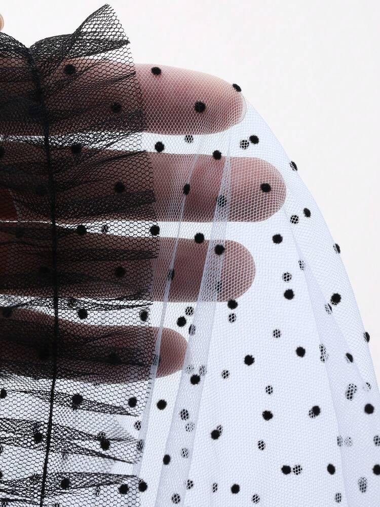 Women's Elastic Waist Polka Dot Flocked Mesh Long Casual A-Line Skirt