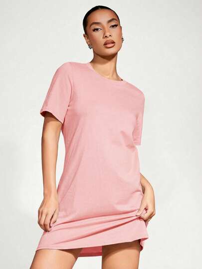 SHEIN BASICS Casual Solid Color Short Sleeve Dress, Summer